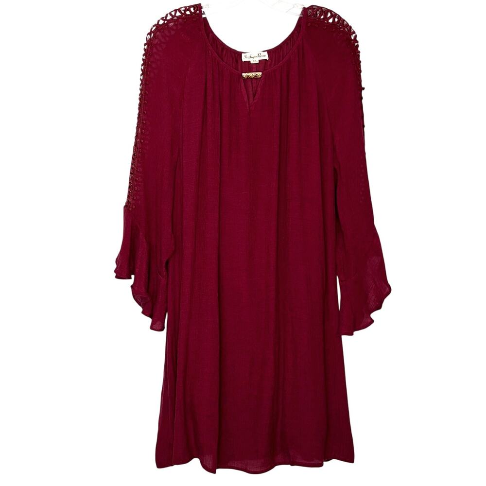 Indigo Rose Wms 3X Burgundy Dress Flared Cutwork Lace Sleeves Lined Boho Witchy